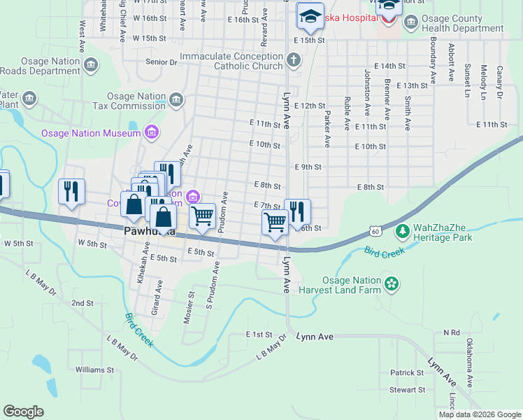 map of restaurants, bars, coffee shops, grocery stores, and more near 506 East 7th Street in Pawhuska