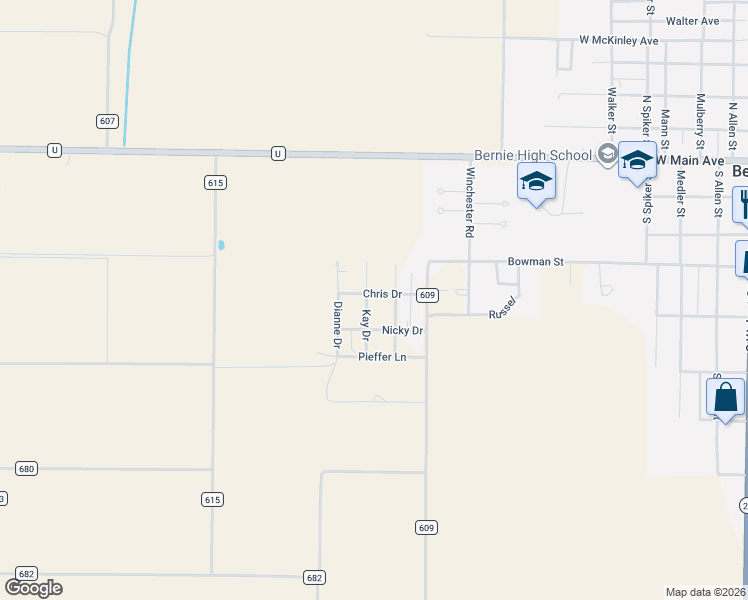 map of restaurants, bars, coffee shops, grocery stores, and more near 3382 Kay Drive in Bernie