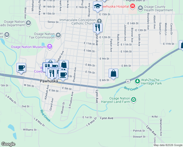 map of restaurants, bars, coffee shops, grocery stores, and more near 506 East 7th Street in Pawhuska