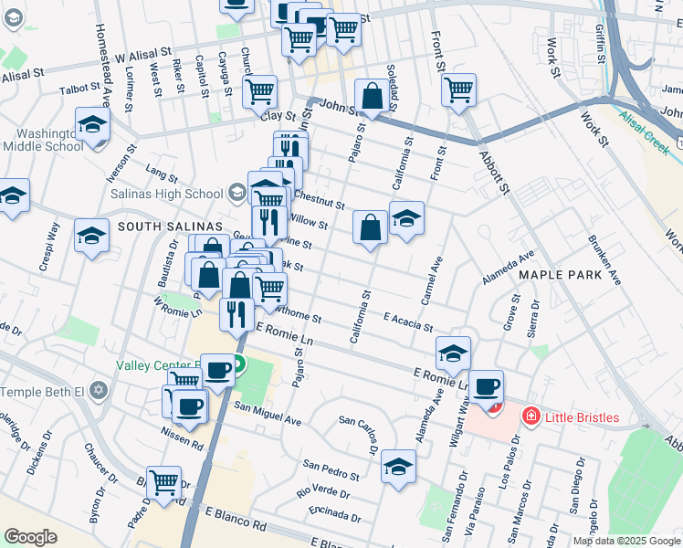 map of restaurants, bars, coffee shops, grocery stores, and more near 121 Oak Street in Salinas