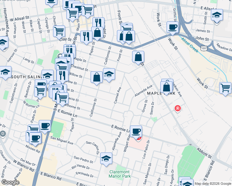 map of restaurants, bars, coffee shops, grocery stores, and more near 239 Pine Street in Salinas