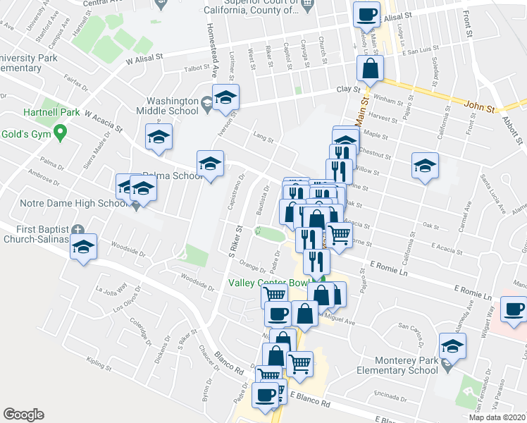 map of restaurants, bars, coffee shops, grocery stores, and more near 832 Bautista Drive in Salinas