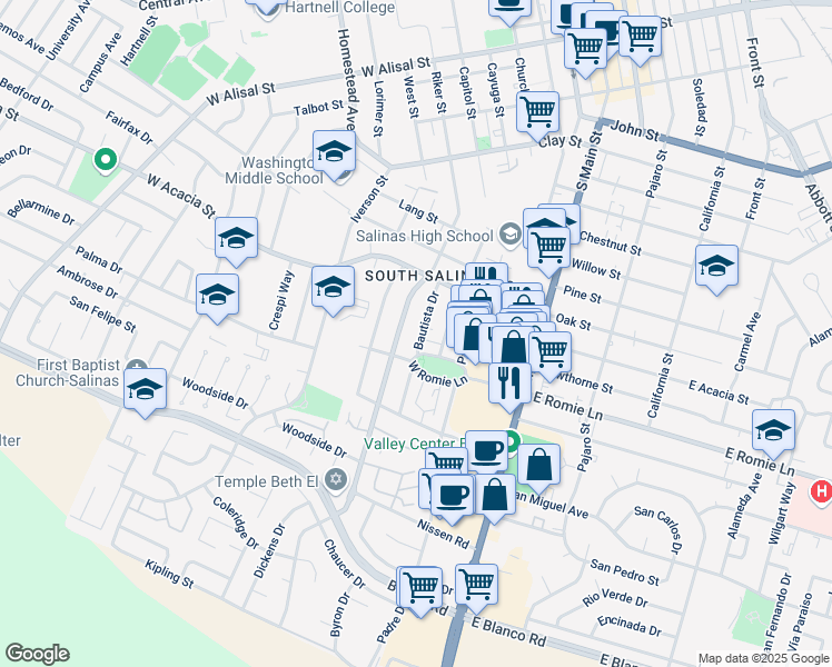 map of restaurants, bars, coffee shops, grocery stores, and more near 832 Bautista Drive in Salinas