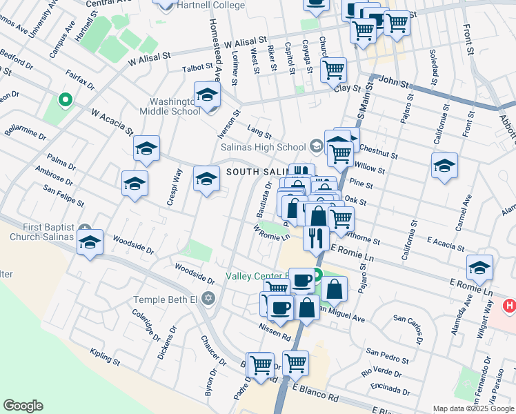 map of restaurants, bars, coffee shops, grocery stores, and more near 832 Bautista Drive in Salinas