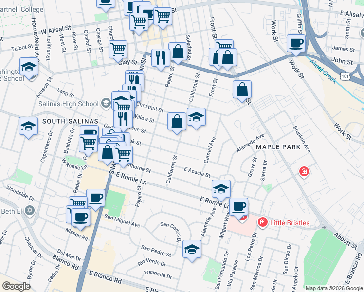 map of restaurants, bars, coffee shops, grocery stores, and more near 202 Pine Street in Salinas