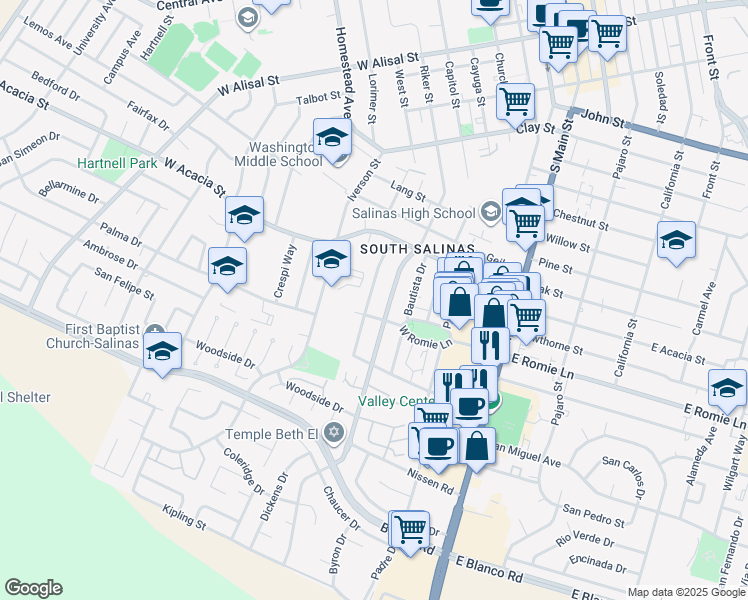 map of restaurants, bars, coffee shops, grocery stores, and more near 847 Capistrano Drive in Salinas