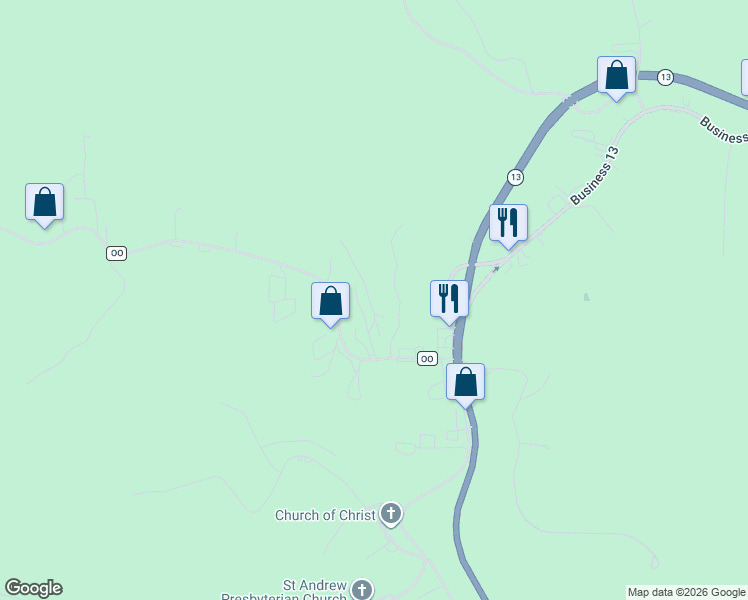map of restaurants, bars, coffee shops, grocery stores, and more near 116 Starrville Lane in Reeds Spring