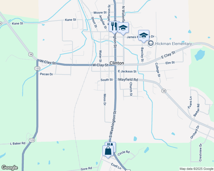map of restaurants, bars, coffee shops, grocery stores, and more near 301-343 Moss Drive in Clinton