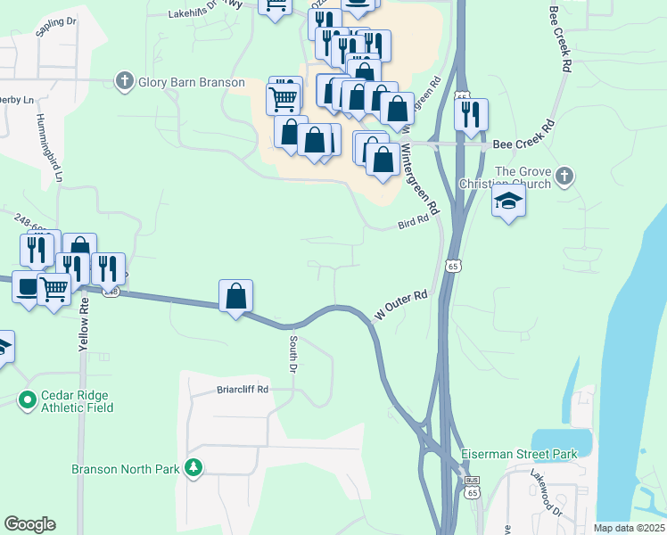 map of restaurants, bars, coffee shops, grocery stores, and more near 640 State Highway 248 in Branson