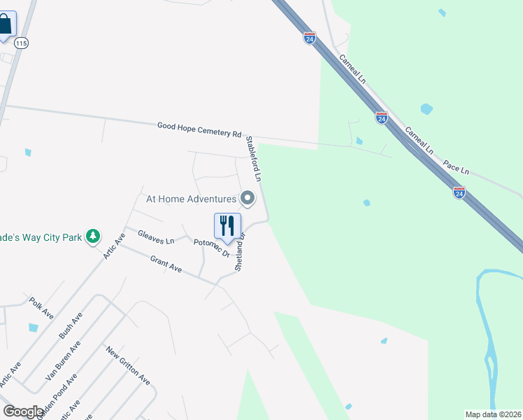 map of restaurants, bars, coffee shops, grocery stores, and more near 825 Stableford Lane in Oak Grove