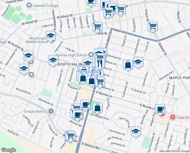 map of restaurants, bars, coffee shops, grocery stores, and more near 838 South Main Street in Salinas