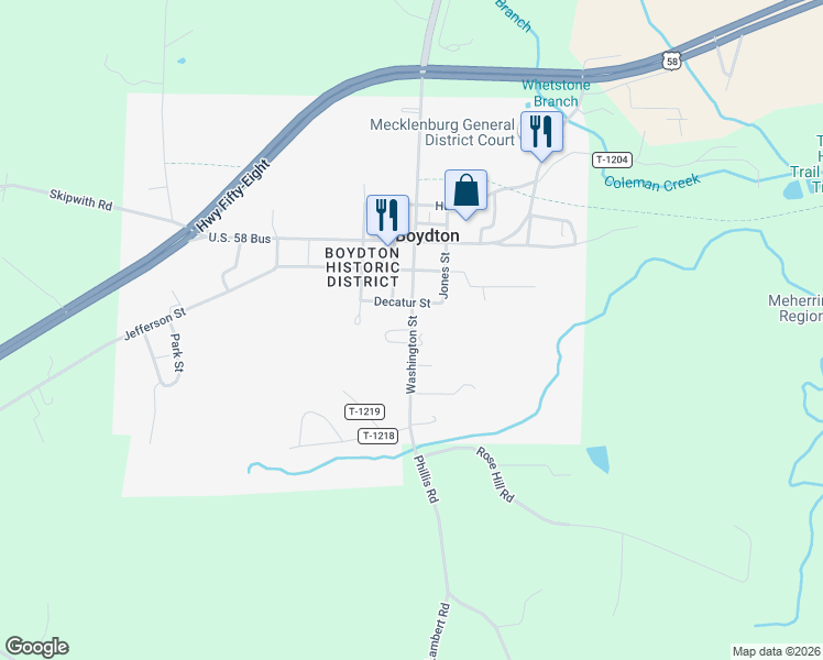 map of restaurants, bars, coffee shops, grocery stores, and more near State Route 707 in Boydton