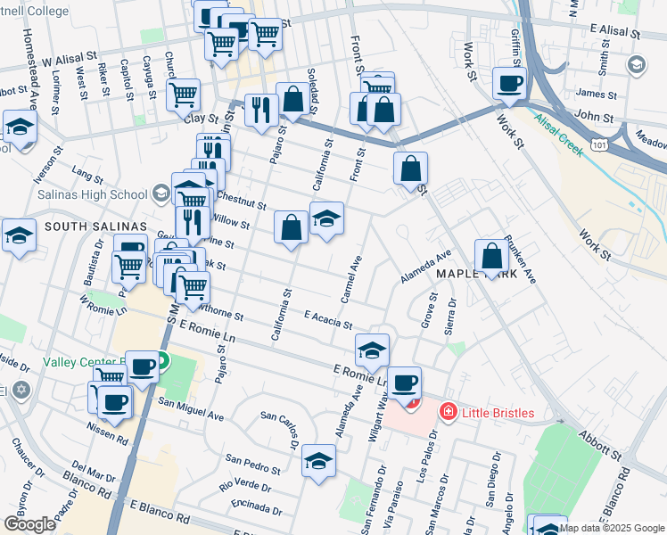 map of restaurants, bars, coffee shops, grocery stores, and more near 239 Pine Street in Salinas