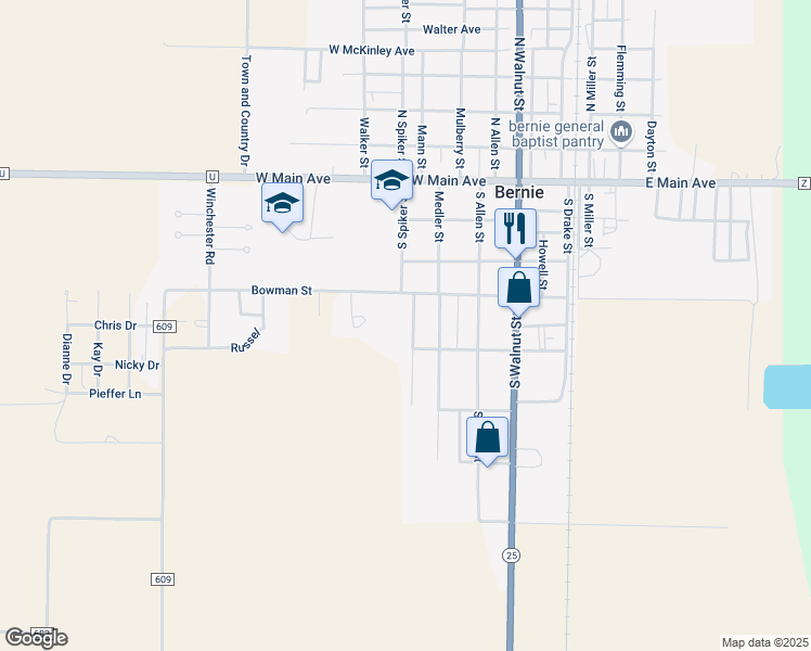 map of restaurants, bars, coffee shops, grocery stores, and more near 419 South Spiker Street in Bernie