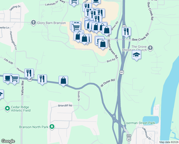 map of restaurants, bars, coffee shops, grocery stores, and more near 640 State Highway 248 in Branson