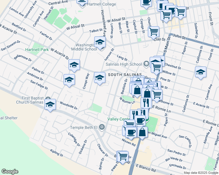 map of restaurants, bars, coffee shops, grocery stores, and more near 844 Capistrano Drive in Salinas