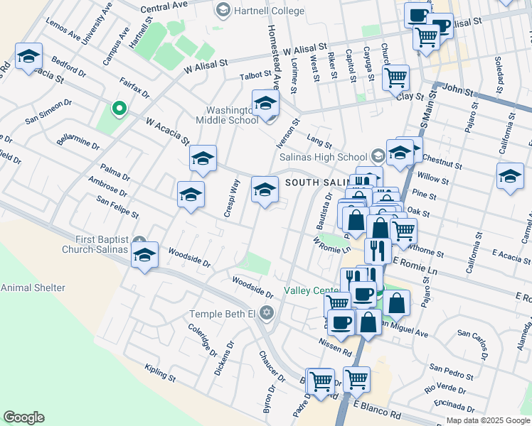 map of restaurants, bars, coffee shops, grocery stores, and more near 919 Iverson Street in Salinas