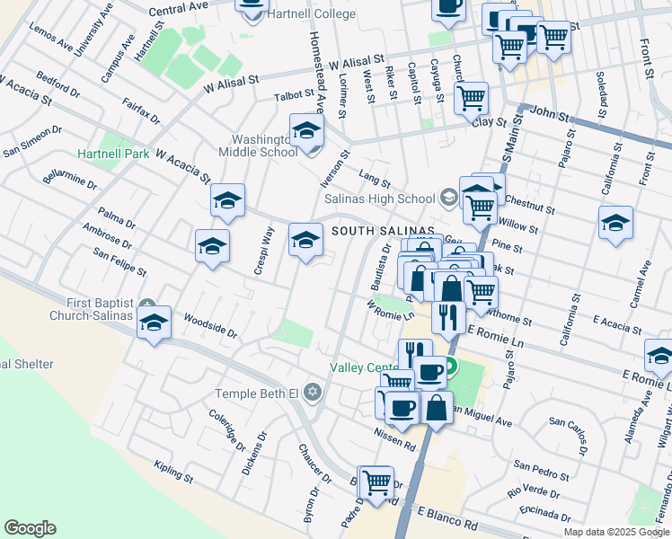 map of restaurants, bars, coffee shops, grocery stores, and more near 844 Capistrano Drive in Salinas