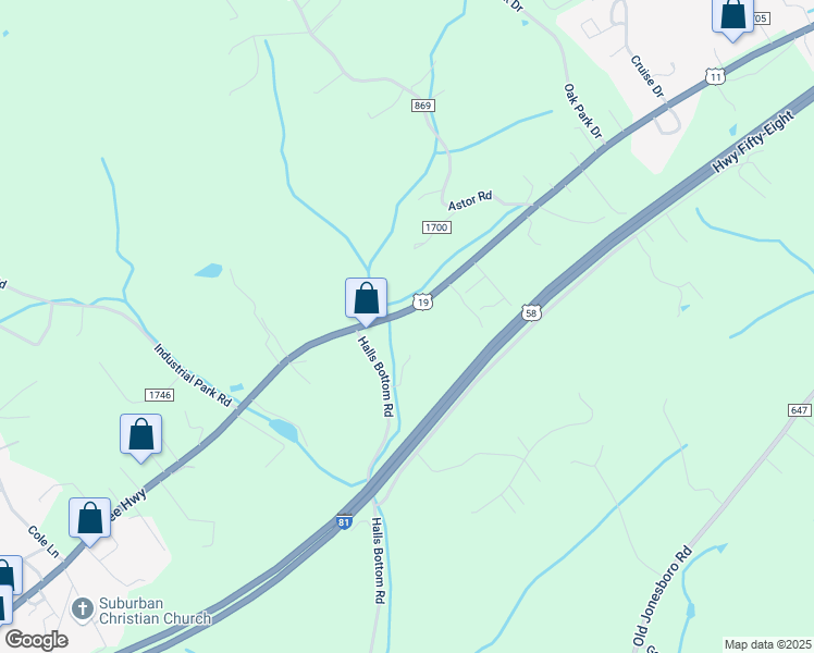 map of restaurants, bars, coffee shops, grocery stores, and more near 16574 Lee Highway in Bristol