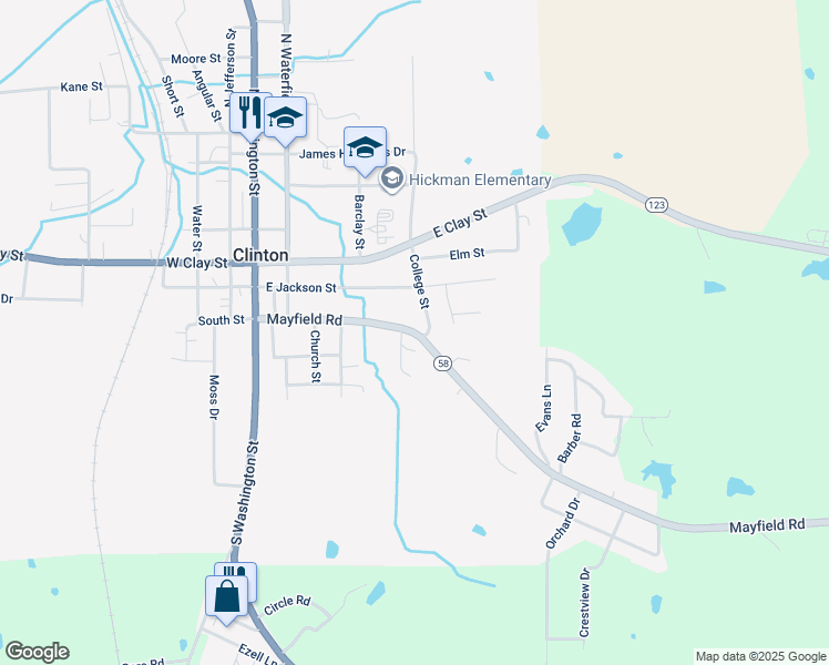 map of restaurants, bars, coffee shops, grocery stores, and more near Highway 58 in Clinton