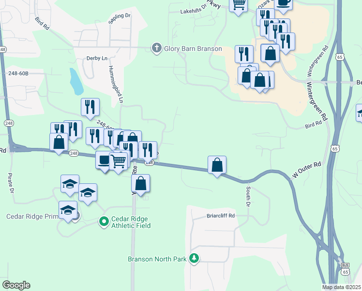 map of restaurants, bars, coffee shops, grocery stores, and more near 174 Callaway Court in Branson