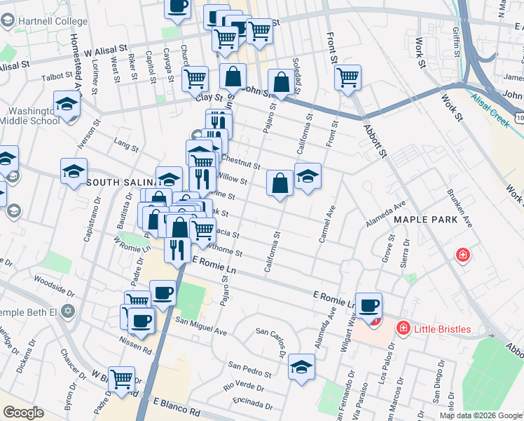 map of restaurants, bars, coffee shops, grocery stores, and more near 125 Oak Street in Salinas