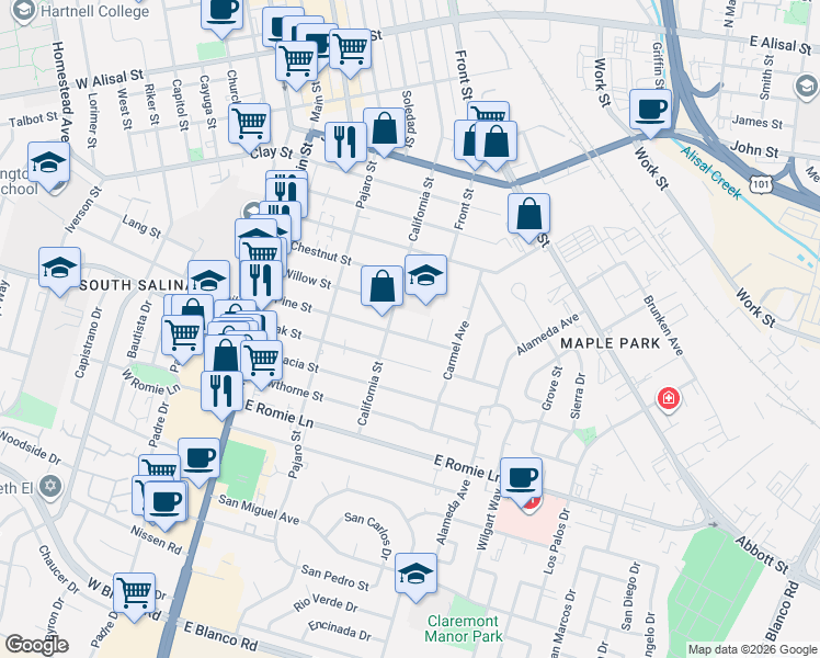 map of restaurants, bars, coffee shops, grocery stores, and more near 219 Pine Street in Salinas