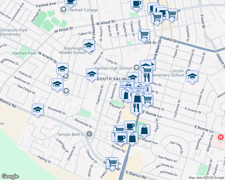 map of restaurants, bars, coffee shops, grocery stores, and more near 832 Bautista Drive in Salinas