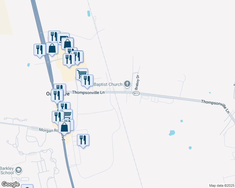 map of restaurants, bars, coffee shops, grocery stores, and more near 449 Thompsonville Lane in Oak Grove
