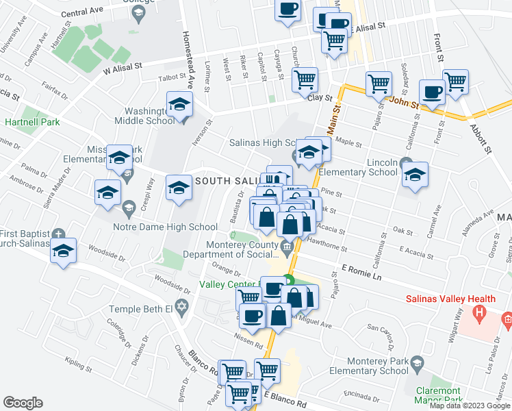 map of restaurants, bars, coffee shops, grocery stores, and more near 813 San Antonio Drive in Salinas