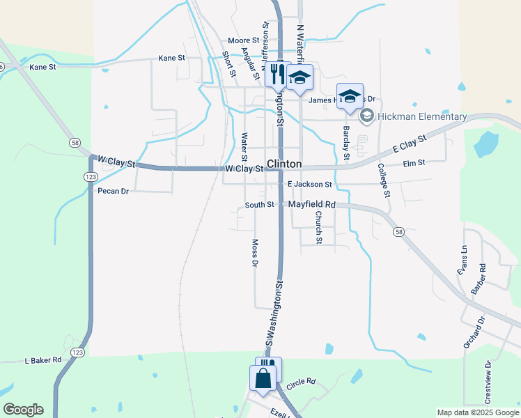 map of restaurants, bars, coffee shops, grocery stores, and more near 301 Moss Drive in Clinton