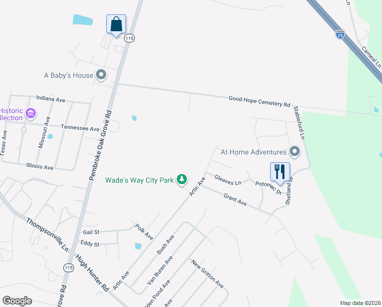 map of restaurants, bars, coffee shops, grocery stores, and more near 105 Gleaves Lane in Oak Grove