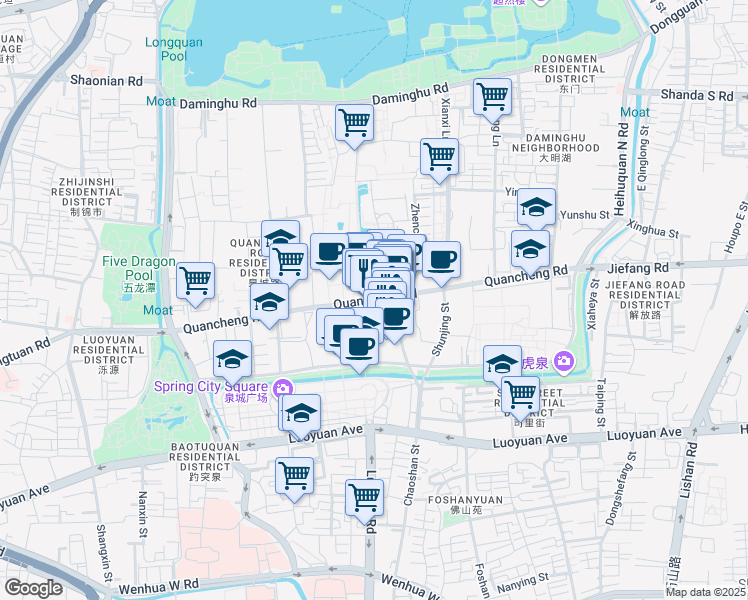 map of restaurants, bars, coffee shops, grocery stores, and more near Quan Cheng Lu in Ji Nan Shi