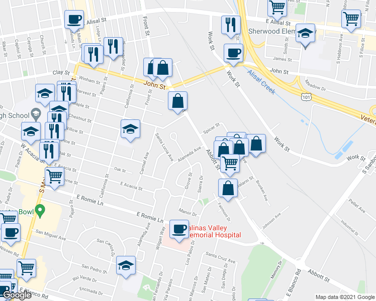 map of restaurants, bars, coffee shops, grocery stores, and more near 45 Alameda Avenue in Salinas