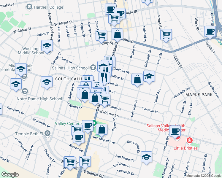 map of restaurants, bars, coffee shops, grocery stores, and more near 20 Oak Street in Salinas