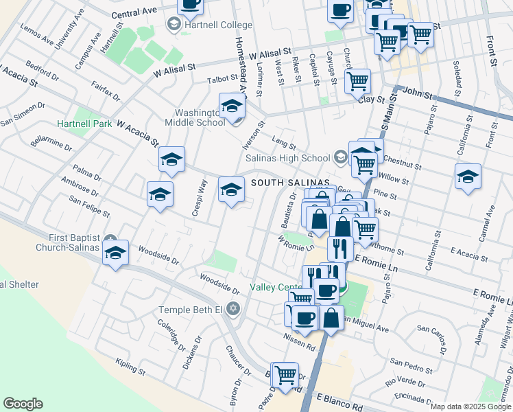 map of restaurants, bars, coffee shops, grocery stores, and more near 847 Capistrano Drive in Salinas