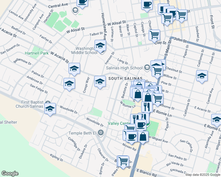 map of restaurants, bars, coffee shops, grocery stores, and more near 847 Capistrano Drive in Salinas