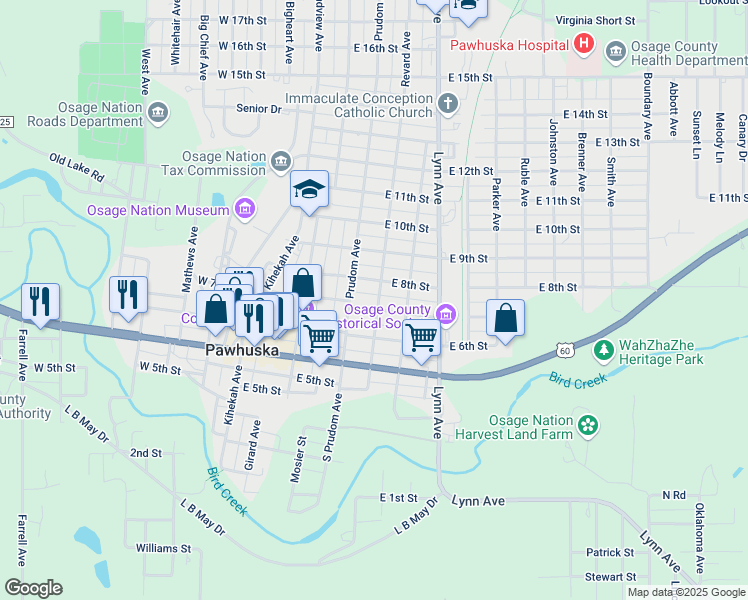 map of restaurants, bars, coffee shops, grocery stores, and more near 320 East 7th Street in Pawhuska