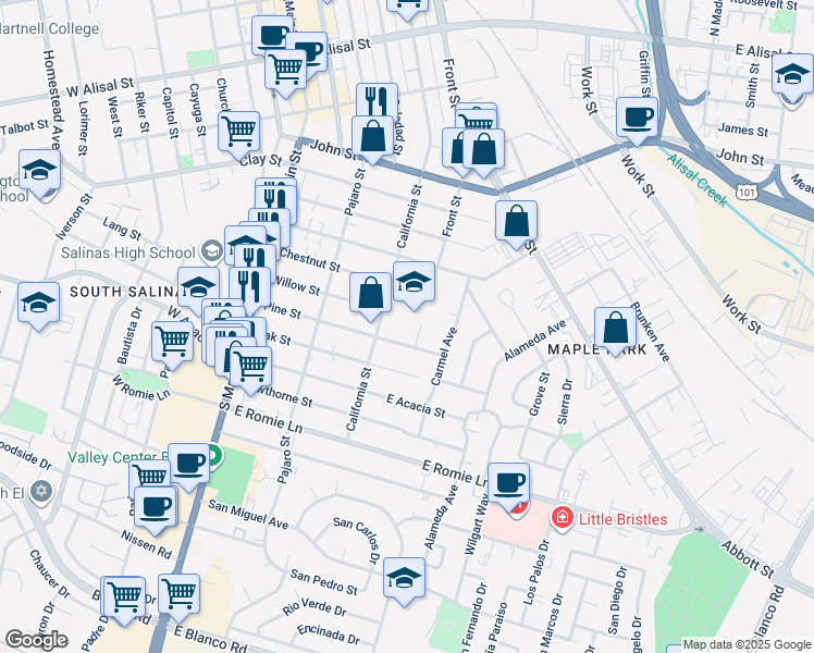 map of restaurants, bars, coffee shops, grocery stores, and more near 239 Pine Street in Salinas