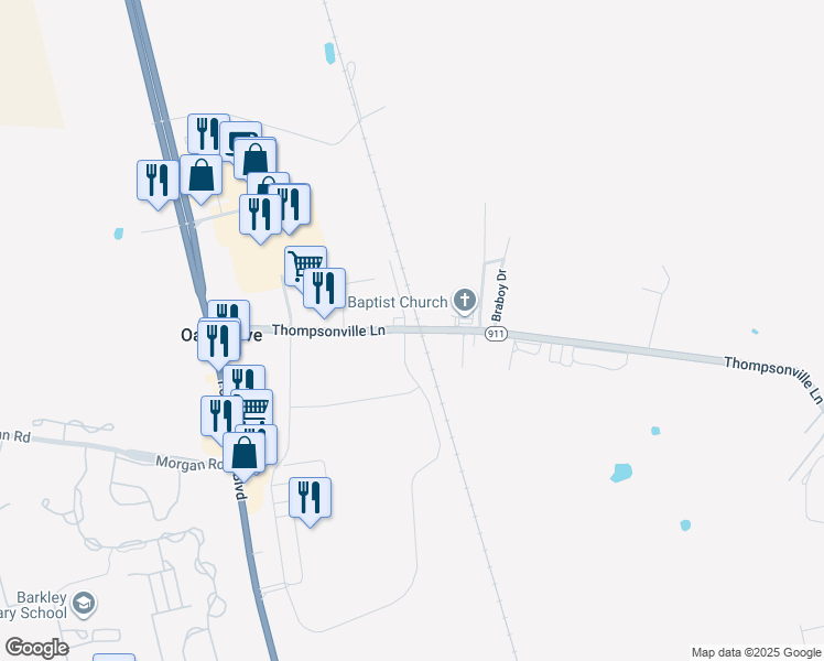 map of restaurants, bars, coffee shops, grocery stores, and more near 449 Thompsonville Lane in Oak Grove