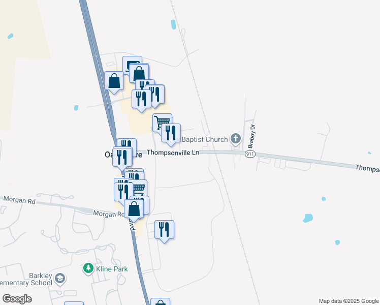 map of restaurants, bars, coffee shops, grocery stores, and more near 305-357 Thompsonville Lane in Oak Grove