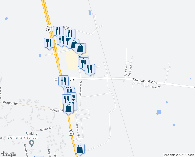 map of restaurants, bars, coffee shops, grocery stores, and more near 253-303 Thompsonville Lane in Oak Grove