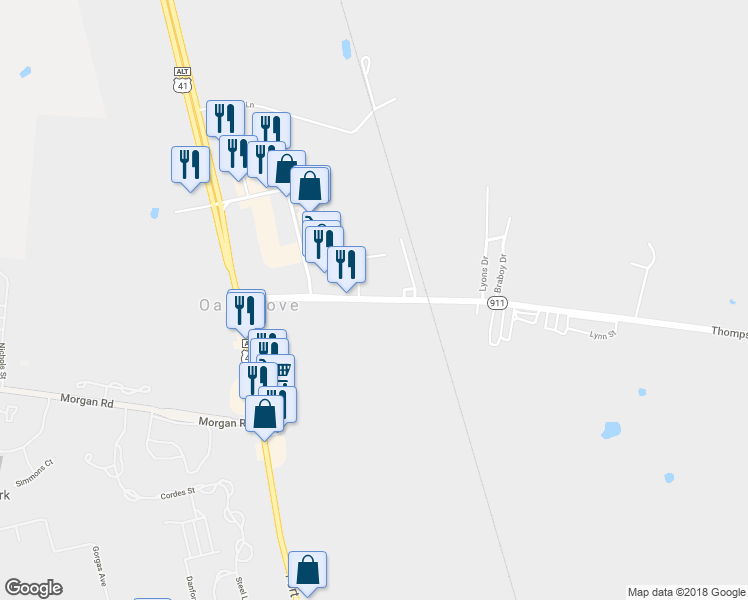 map of restaurants, bars, coffee shops, grocery stores, and more near 303 Thompsonville Lane in Oak Grove