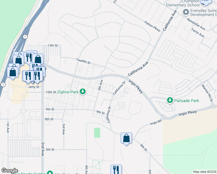 map of restaurants, bars, coffee shops, grocery stores, and more near 2798 Telegraph Boulevard in Marina