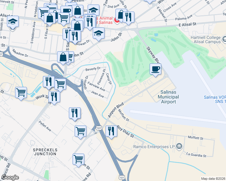 map of restaurants, bars, coffee shops, grocery stores, and more near 478 Carol Drive in Salinas