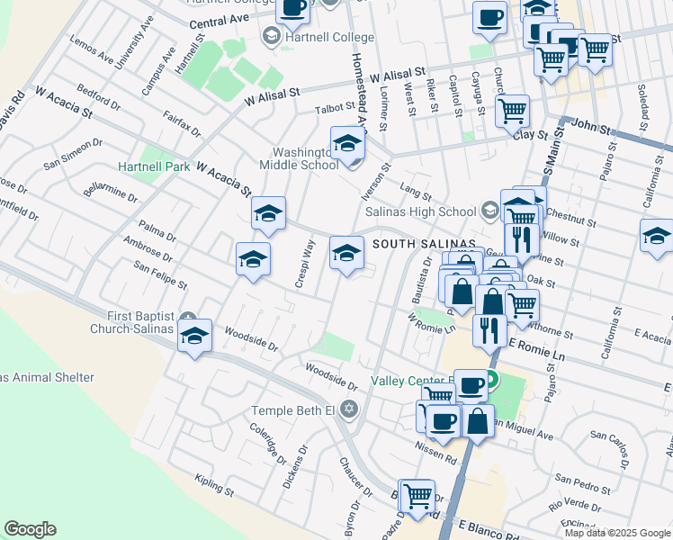 map of restaurants, bars, coffee shops, grocery stores, and more near 918 Iverson Street in Salinas