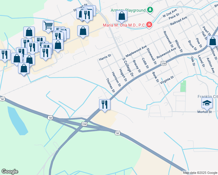 map of restaurants, bars, coffee shops, grocery stores, and more near 412 Thomas Street in Franklin