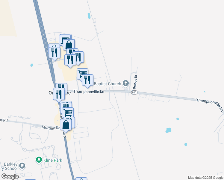 map of restaurants, bars, coffee shops, grocery stores, and more near 406 Thompsonville Lane in Oak Grove