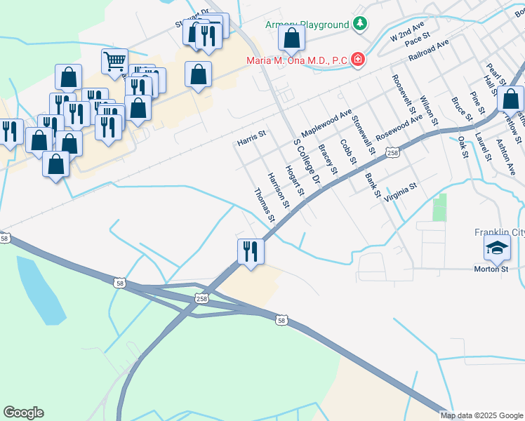 map of restaurants, bars, coffee shops, grocery stores, and more near 412 Thomas Street in Franklin