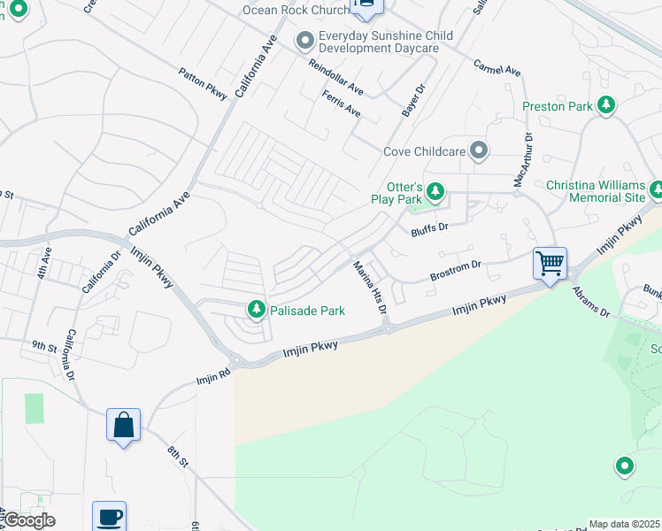 map of restaurants, bars, coffee shops, grocery stores, and more near 2975 Abrams Drive in Marina